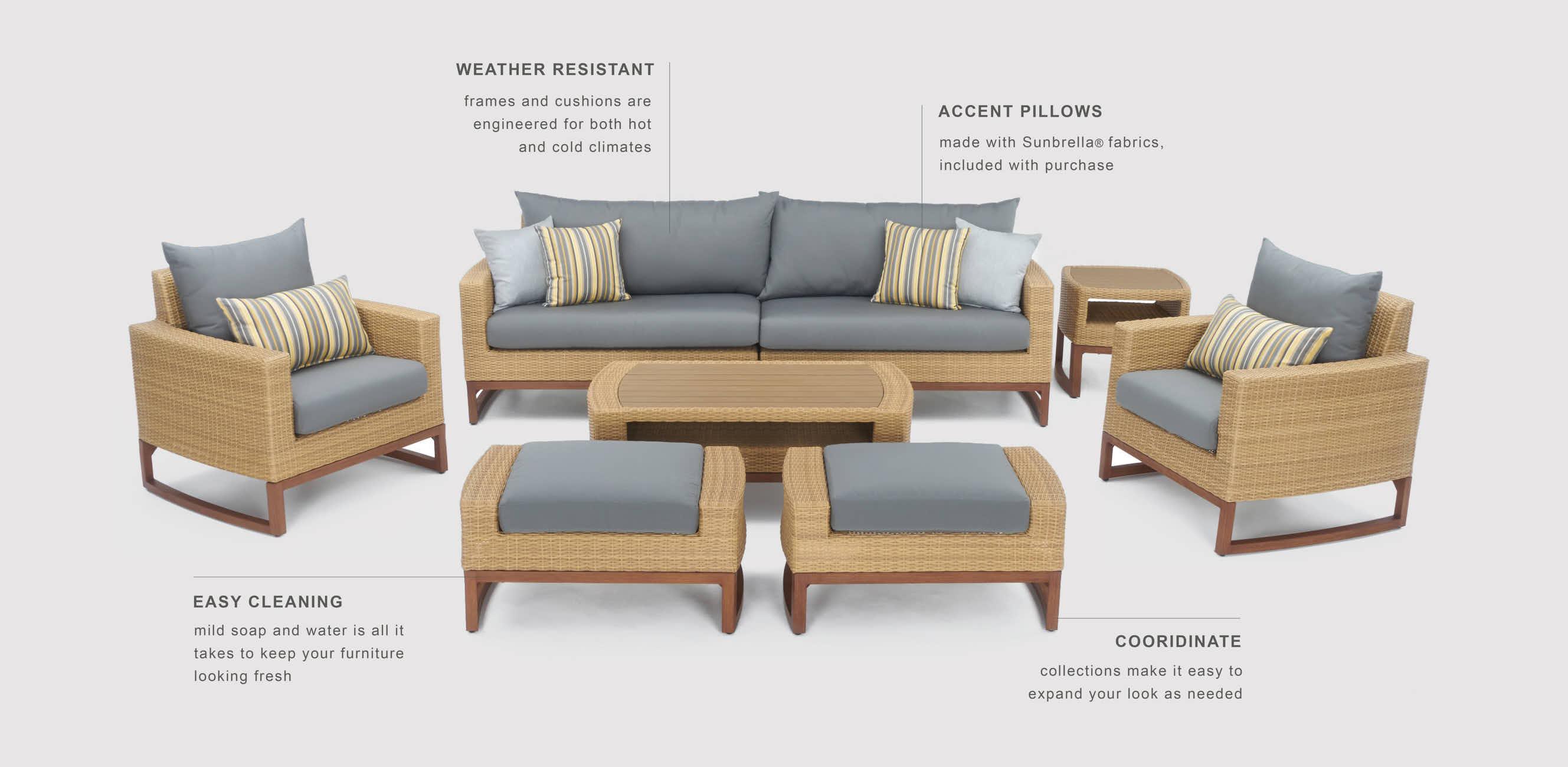 set of outdoor furniture with product advantages in text