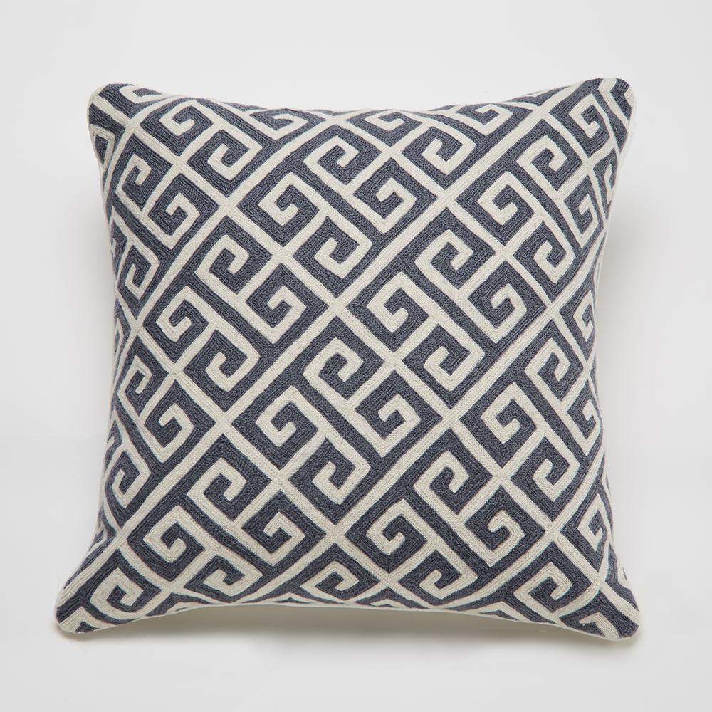 Montreal 20in Indian Wool Accent Pillow with Greek Key Motif - Blue Grey