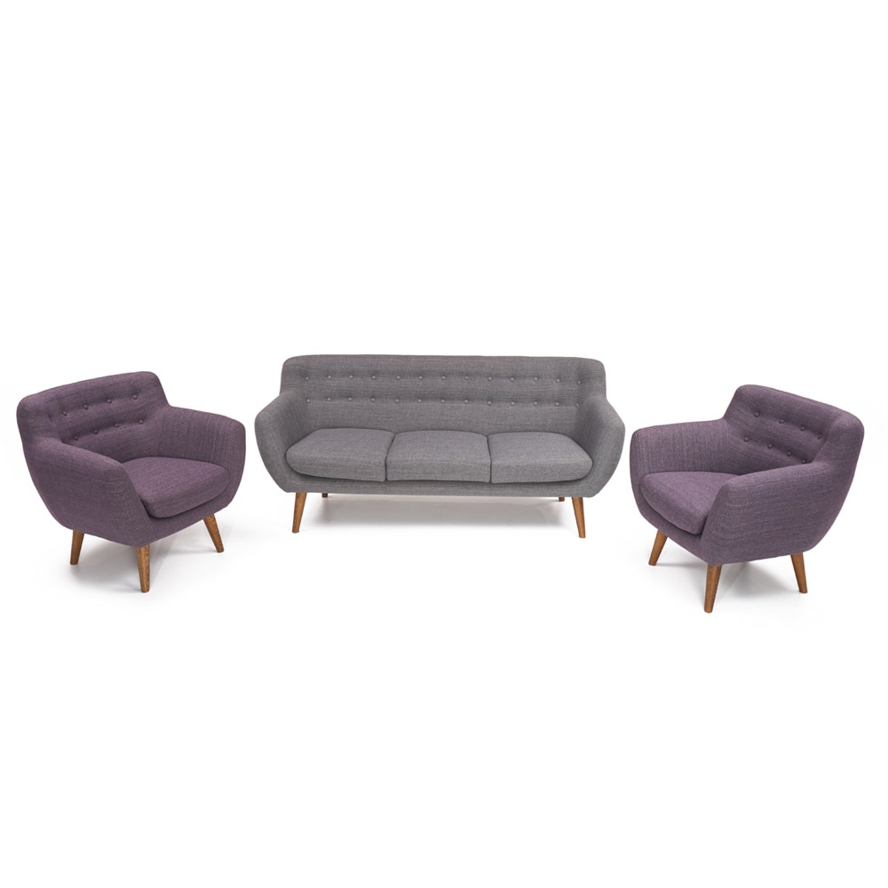 Rhodes Mid-Century Modern 3 Piece Living Set - Grey/Purple