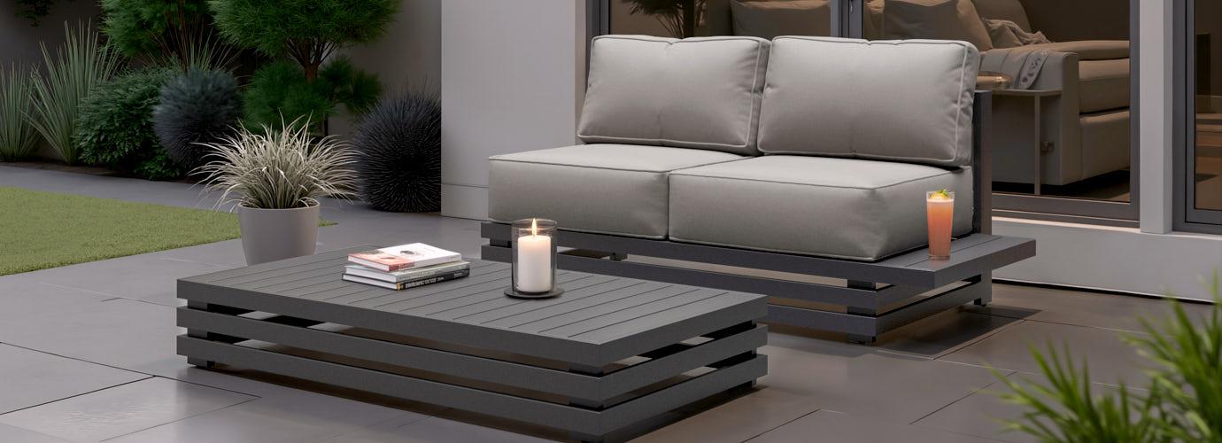 Avondale Outdoor Left Hand Loveseat with Table Attachment and Rectangle Coffee Table