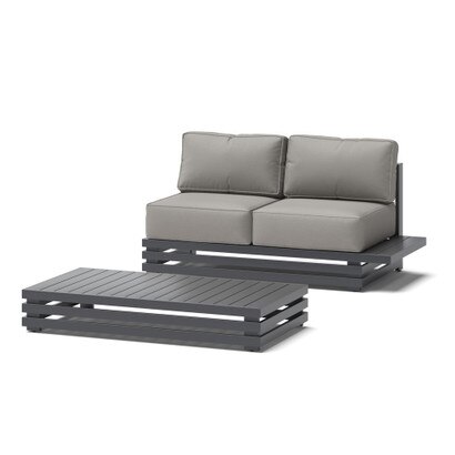 Avondale Outdoor Left Hand Loveseat with Table Attachment and Rectangle Coffee Table - Olefin Charcoal