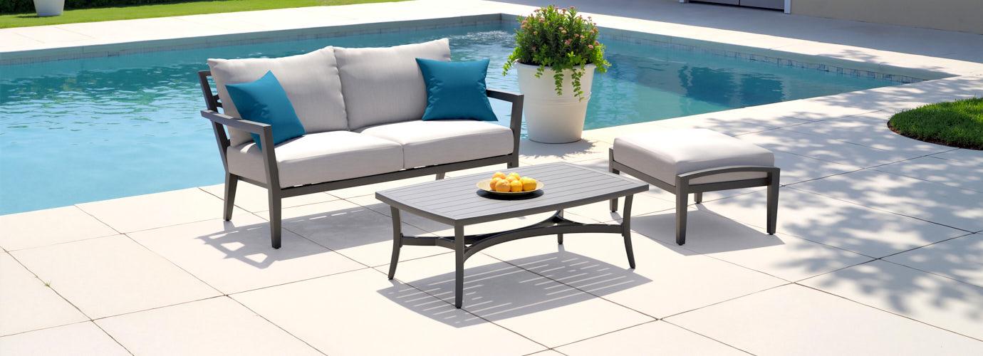 Venetia Sunbrella Outdoor Loveseat, Coffee Table, & Ottoman Set - Thumbnail 2