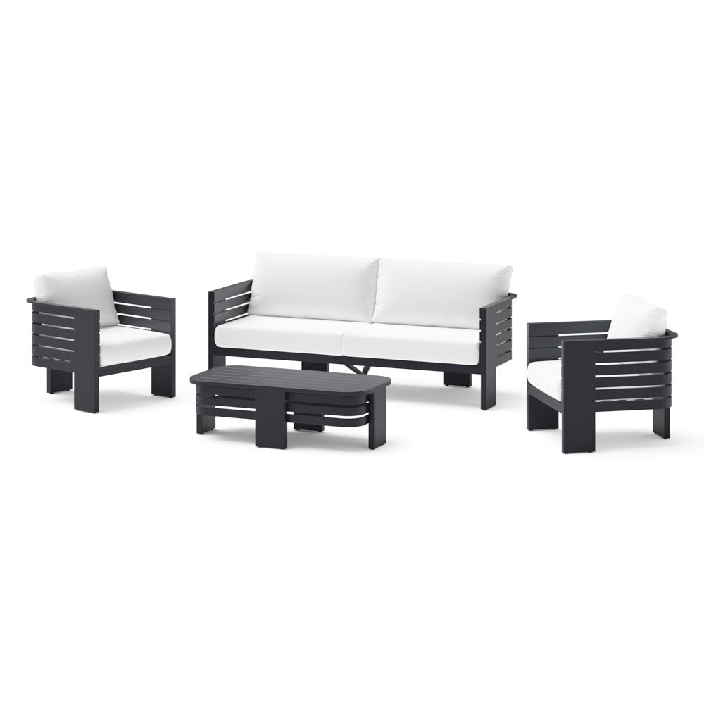 Pluma 4 Piece Sunbrella® Outdoor Patio Seating Set with Aluminum Slat Coffee Table - Canvas White