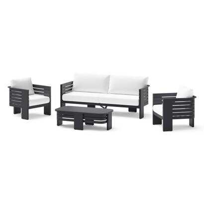 Pluma 4 Piece Sunbrella® Outdoor Patio Seating Set with Aluminum Slat Coffee Table - Canvas White