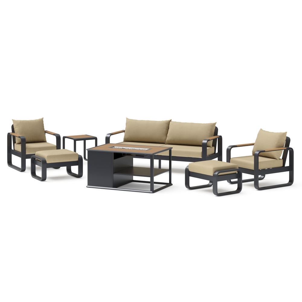 Andes 7 Piece Sunbrella® Outdoor Patio Fire Seating Set - Canvas Beige