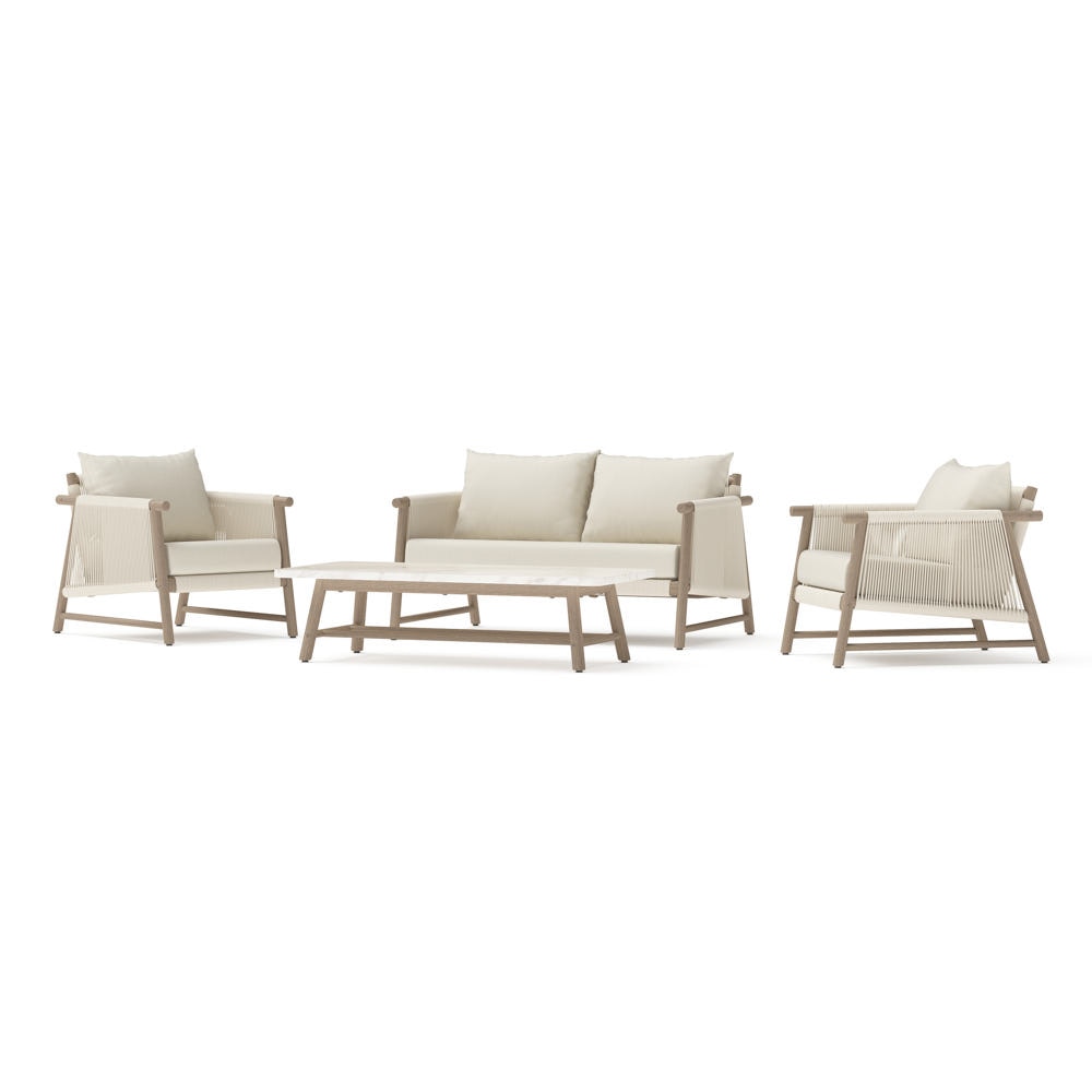 Diamondback 4 Piece Acacia Wood Outdoor Patio Loveseat Seating Set with Rope Wicker - Olefin Linen