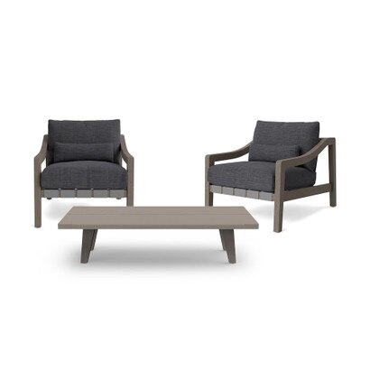Del Mar 3 Piece Outdoor Seating Set in Weathered Teak - Plain Weave Charcoal