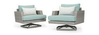 two outside patio chairs with white cushions
