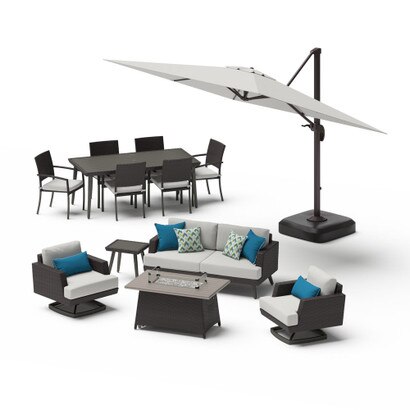 Portofino® Casual 13 Piece Sunbrella® Outdoor Patio Motion Seating & Dining Set With Fire Table & Umbrella - Dove Gray