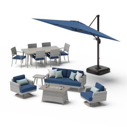 Portofino® Casual 13 Piece Sunbrella® Outdoor Patio Motion Seating & Dining Set With Fire Table & Umbrella