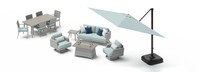Portofino® Casual 13 Piece Sunbrella® Outdoor Patio Motion Seating & Dining Set With Fire Table & Umbrella - Spa Blue