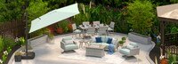 Portofino® Casual 13 Piece Sunbrella® Outdoor Patio Motion Seating & Dining Set With Fire Table & Umbrella - Spa Blue