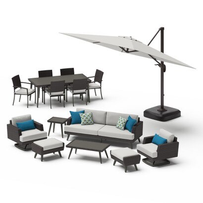 Portofino® Casual 15 Piece Sunbrella® Outdoor Patio Motion Seating & Dining Set With Umbrella - Dove Gray