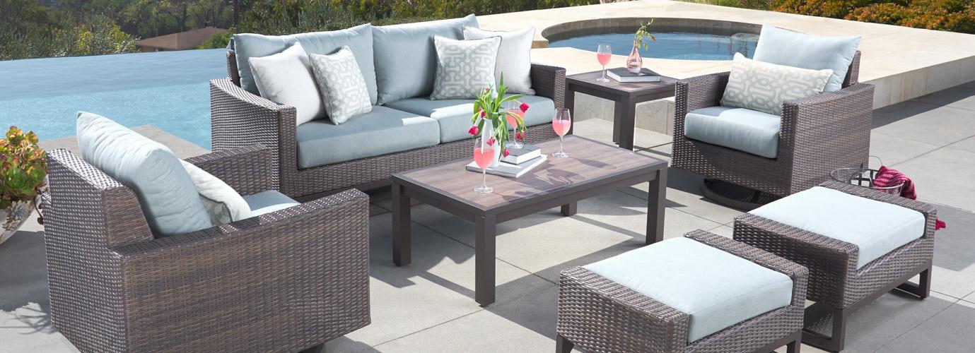 Milea™ 16 Piece Sunbrella Outdoor Patio Motion Estate Set - Mist Blue