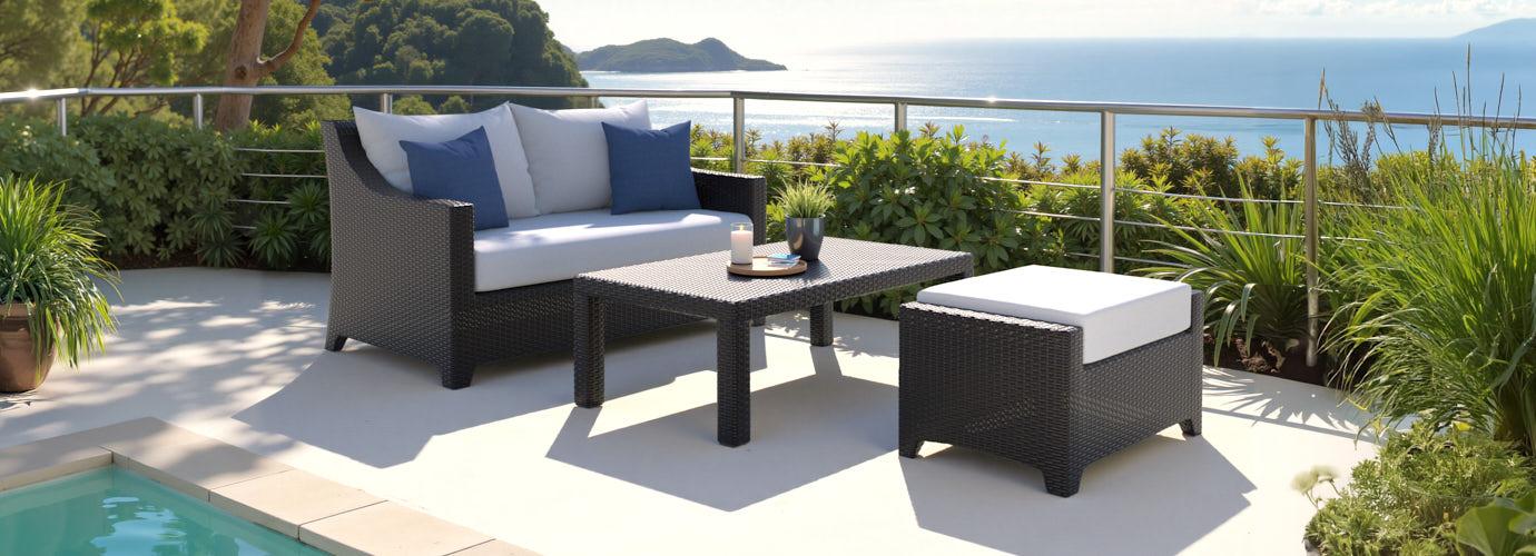 Deco™ Sunbrella® Outdoor Loveseat & Ottoman with Coffee Table - Bliss Ink