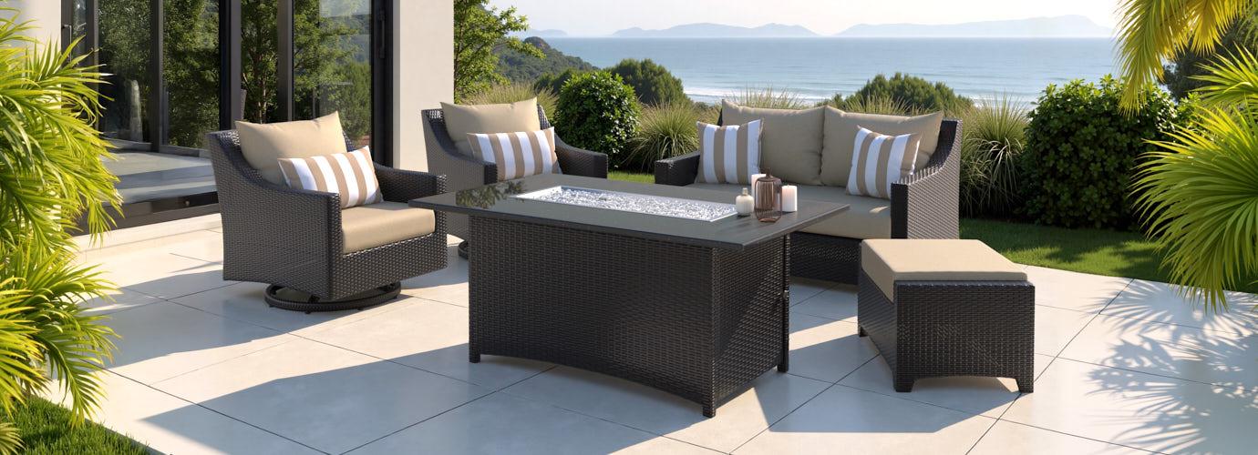 Deco™ 5 Piece Sunbrella® Outdoor Love & Motion Club Fire Set - Maxim Beige