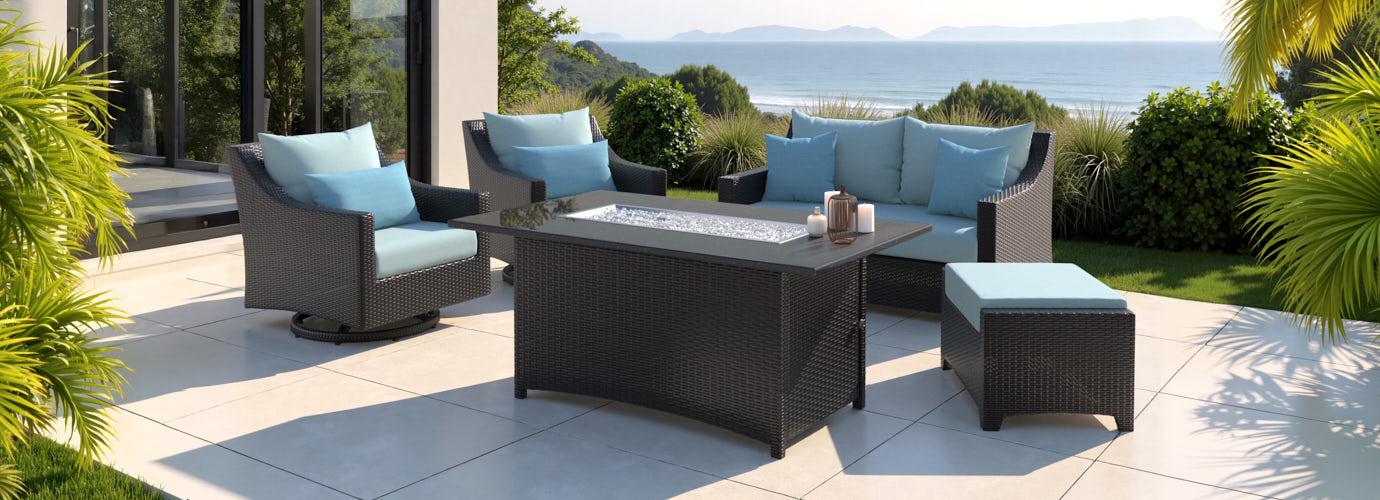 Deco™ 5 Piece Sunbrella® Outdoor Love & Motion Club Fire Set - Spa Blue