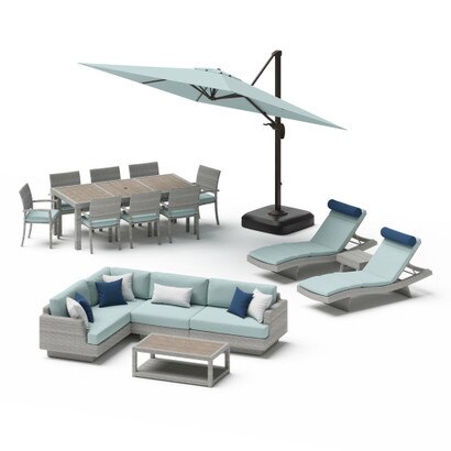 Portofino® Comfort 18 Piece Sunbrella® Outdoor Patio Sectional Seating & Dining Set With Umbrella - Spa Blue