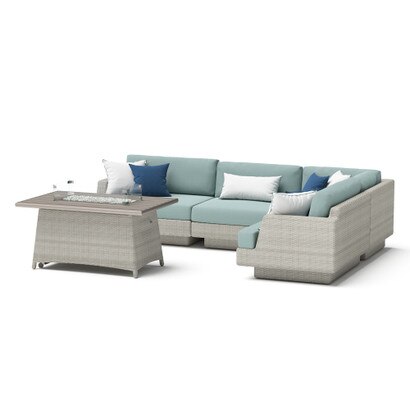 Portofino® Comfort 5 Piece Sunbrella® Outdoor Sectional Fire Seating Set - Spa Blue