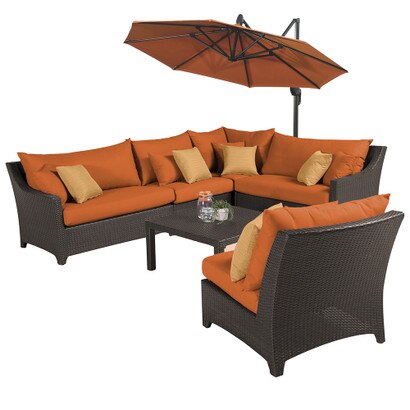 Deco™ 6 Piece Sunbrella® Outdoor Sectional, Table & Umbrella Set - Tikka Orange