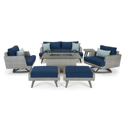Portofino® Casual 7 Piece Sunbrella® Outdoor Motion Fire Seating Set - Laguna Blue