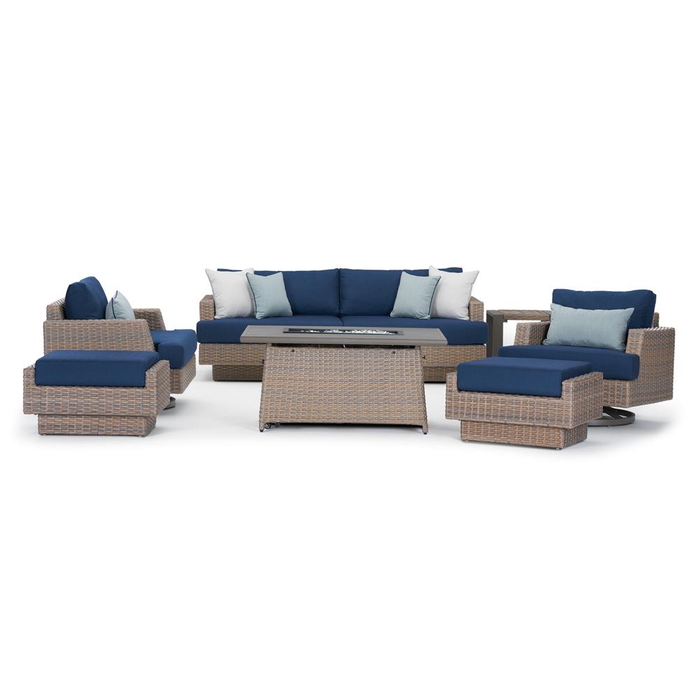Portofino® Repose 7 Piece Sunbrella® Outdoor Motion Fire Seating Set - Laguna Blue