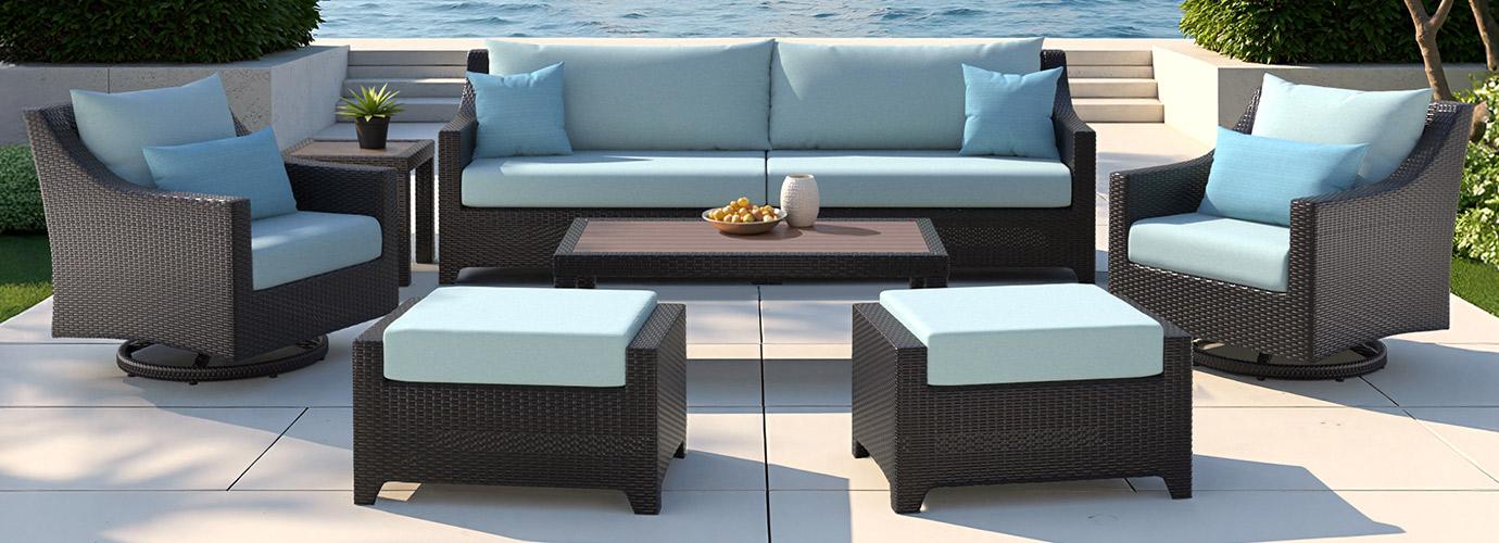 Deco™ 8 Piece Sunbrella® Outdoor Sofa & Motion Club Chair Set - Spa Blue
