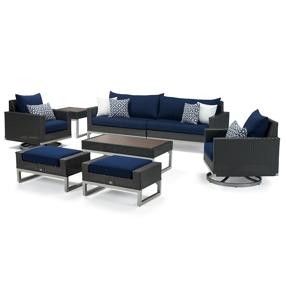 Milo™ Espresso 8 Piece Sunbrella® Outdoor Motion Seating Set - Navy Blue