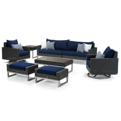 Milo™ Espresso 8 Piece Sunbrella® Outdoor Motion Seating Set - Navy Blue
