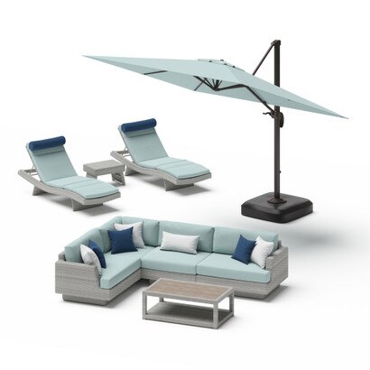 Portofino® Comfort 9 Piece Sunbrella® Outdoor Patio Sectional Seating & Lounge Set With Umbrella - Spa Blue