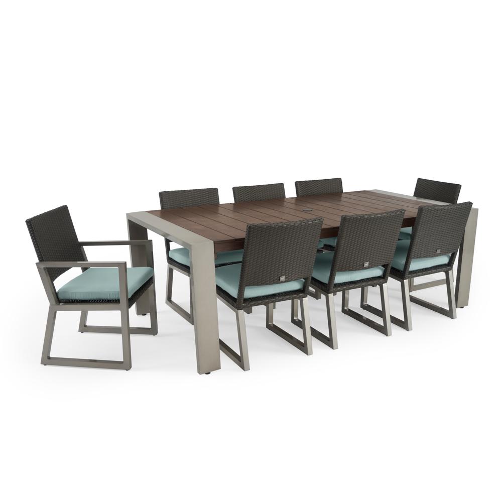 Milo™ Espresso 9 Piece Sunbrella® Outdoor Dining Set - Spa Blue