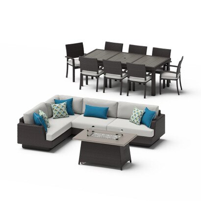 Portofino® Comfort 14 Piece Sunbrella® Outdoor Patio Sectional Seating & Dining Set With Fire Table - Dove Gray
