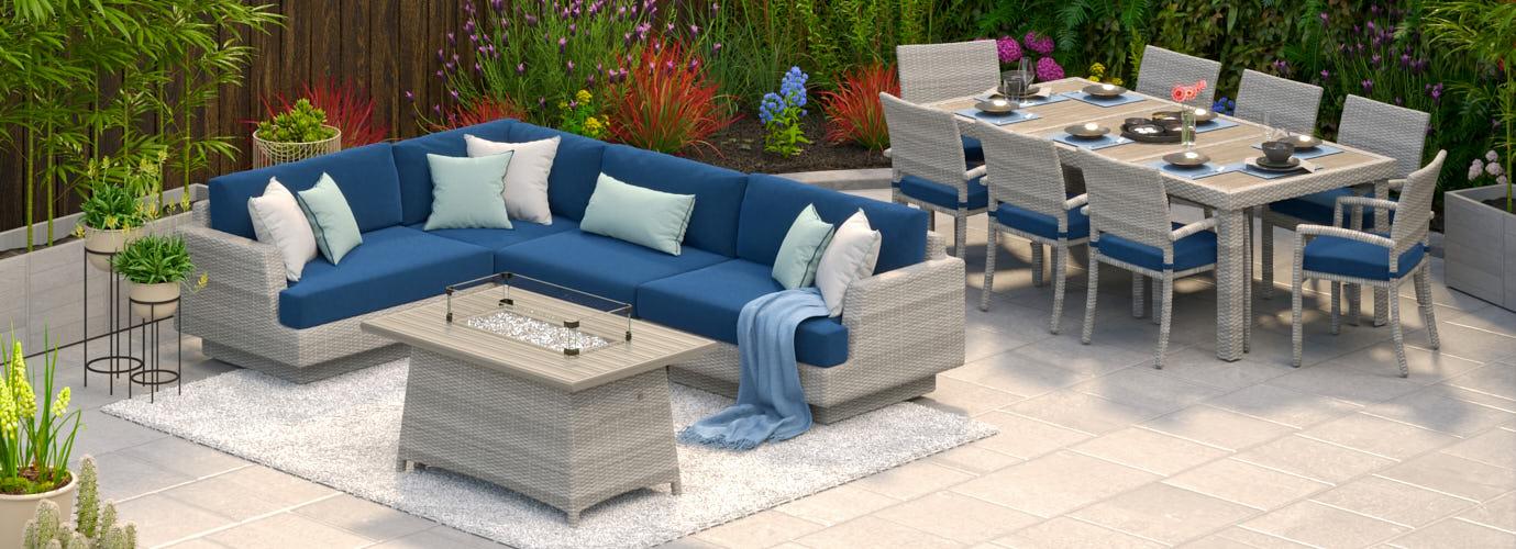 Portofino Comfort 14 Piece Outdoor Sectional Seating & Dining Set With Fire Table - Thumbnail 4