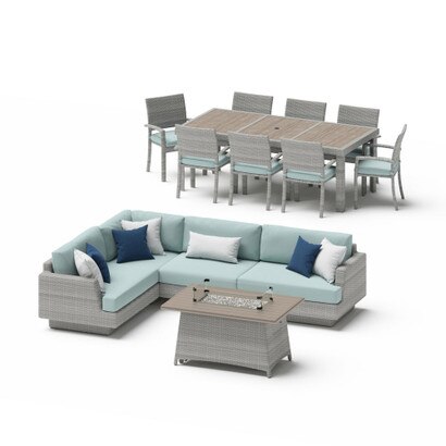 Portofino® Comfort 14 Piece Sunbrella® Outdoor Patio Sectional Seating & Dining Set With Fire Table - Spa Blue