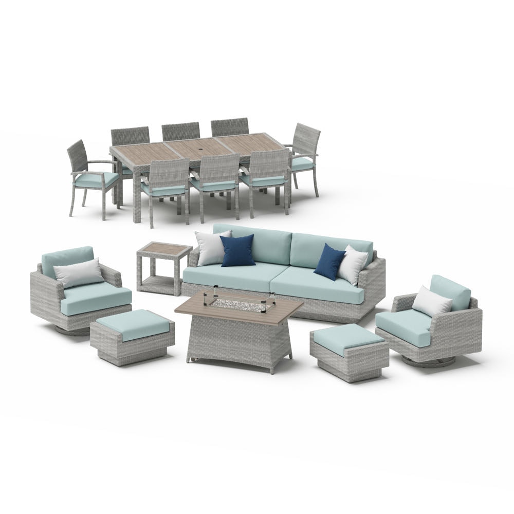 Portofino® Comfort 17 Piece Sunbrella® Outdoor Patio Motion Seating & Dining Set With Fire Table - Spa Blue