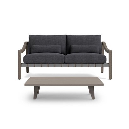 Del Mar 2 Piece Outdoor Sofa and Coffee Table Set in Weathered Teak - Plain Weave Charcoal